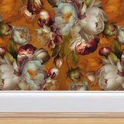 Baroque bold lush moody floral flower garden with english roses, bold peonies, antiqued flemish flowers sunny copper park