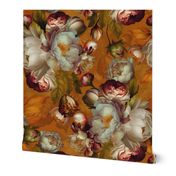 Baroque bold lush moody floral flower garden with english roses, bold peonies, antiqued flemish flowers sunny copper park