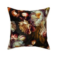 Baroque bold lush moody floral flower garden with english roses, bold peonies, antiqued flemish flowers sepia night  park
