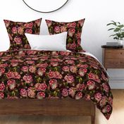 Baroque bold moody floral flower garden with english peonies rose, bold peony,  lush antiqued flemish flowers  night park