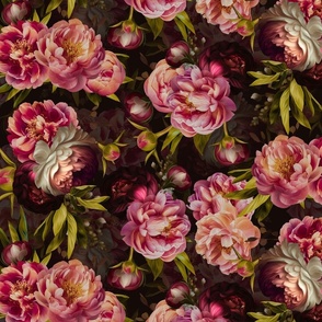 Baroque bold moody floral flower garden with english peonies rose, bold peony,  lush antiqued flemish flowers  night park