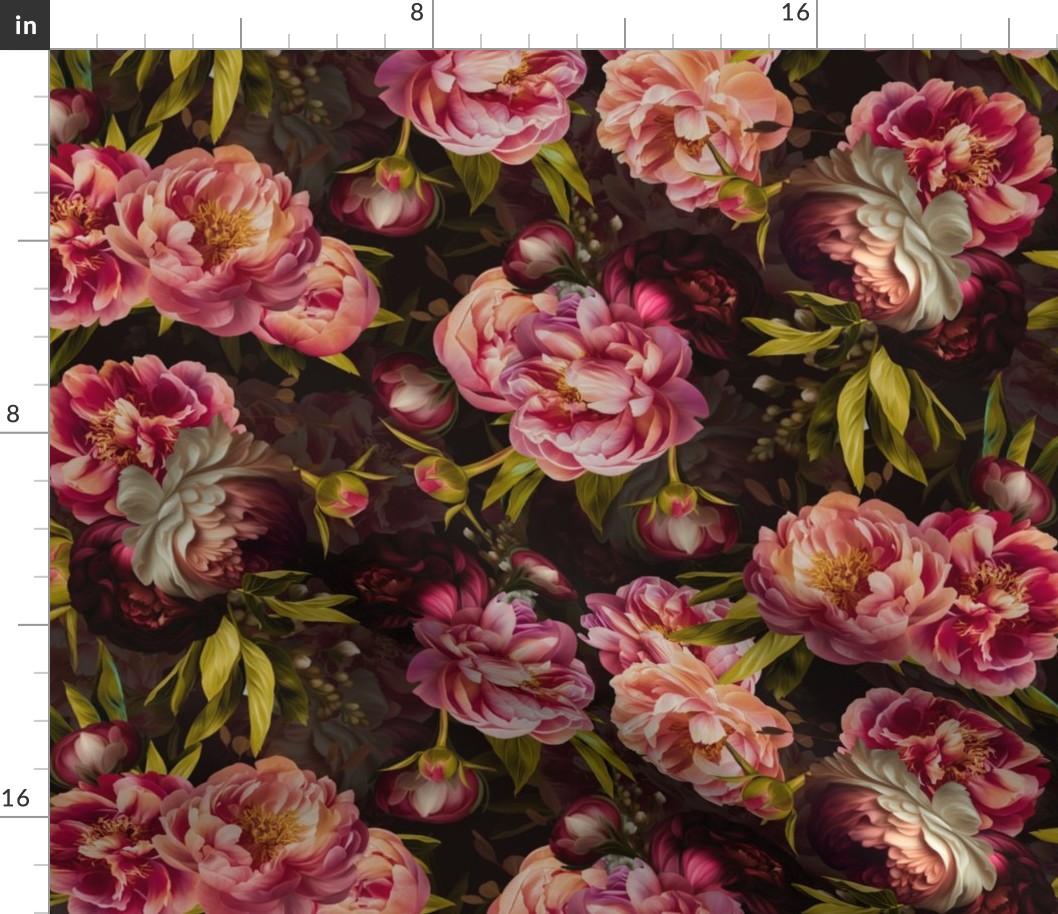Baroque bold moody floral flower garden with english peonies rose, bold peony,  lush antiqued flemish flowers  night park
