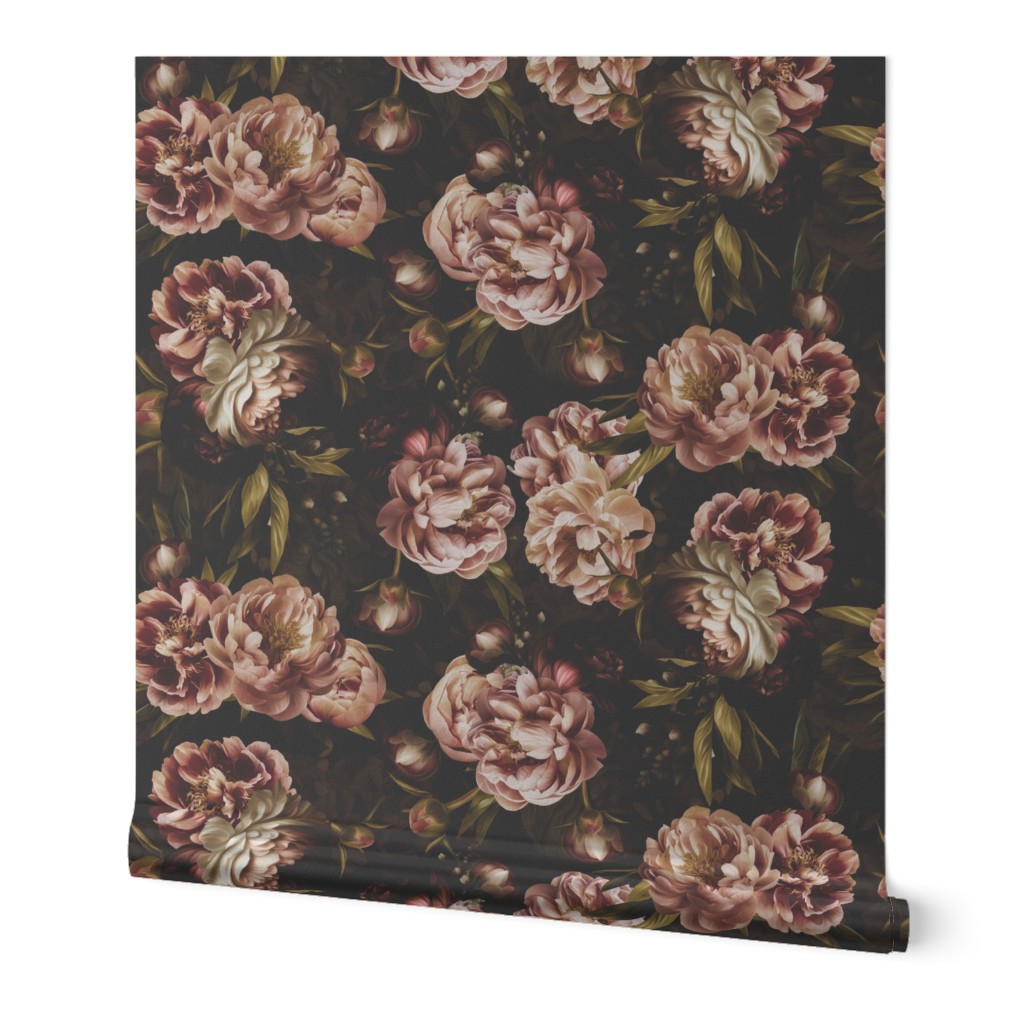 Baroque bold moody floral flower garden with english peonies rose, bold peony,  lush antiqued flemish flowers mystic goth night park