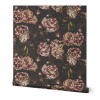 Baroque bold moody floral flower garden with english peonies rose, bold peony,  lush antiqued flemish flowers mystic goth night park