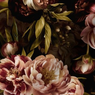 Baroque bold moody floral flower garden with english peonies rose, bold peony,  lush antiqued flemish flowers mystic goth night park