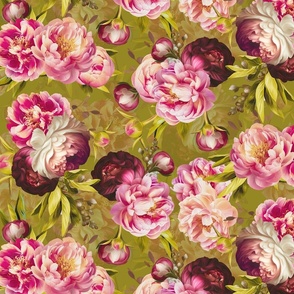 Baroque bold moody floral flower garden with english peonies rose, bold peony,  lush antiqued flemish flowers spring green park