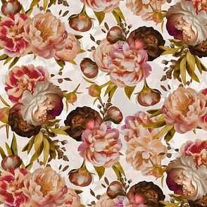 Baroque bold moody floral flower garden with english peonies rose, bold peony,  lush antiqued flemish flowers soft blush park