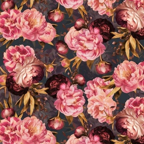 Baroque bold moody floral flower garden with english peonies rose, bold peony,  lush antiqued flemish flowers dark night park