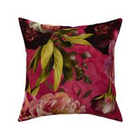 Baroque bold moody floral flower garden with english peonies rose, bold peony,  lush antiqued flemish flowers viva magenta park