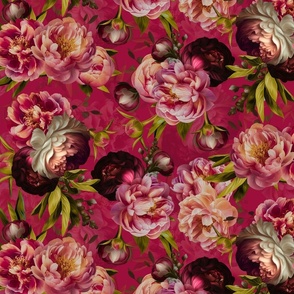 Baroque bold moody floral flower garden with english peonies rose, bold peony,  lush antiqued flemish flowers viva magenta park