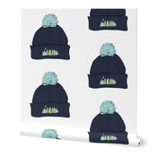 Cross Stitch Mountain Pine Tree Embroidered Bobble Hat Repeat Navy on White
