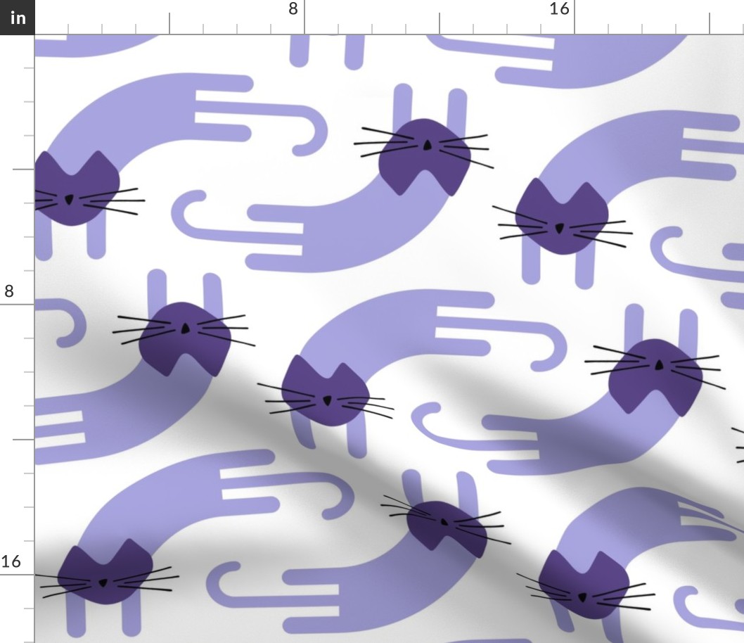 playful cat large - lilac and grape colors - landscape - stylized cat wallpaper and fabric