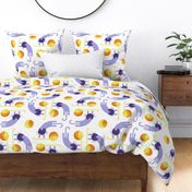 cats on vacation large - playful cat with yarn ball - marigold and lilac - stylized cat wallpaper and fabric