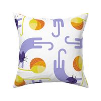 cats on vacation large - playful cat with yarn ball - marigold and lilac - stylized cat wallpaper and fabric