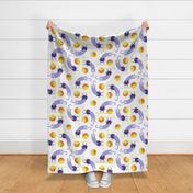 cats on vacation large - playful cat with yarn ball - marigold and lilac - stylized cat wallpaper and fabric