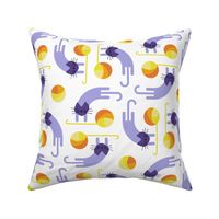 cats on vacation - playful cat with yarn ball - marigold and lilac - stylized cat wallpaper and fabric