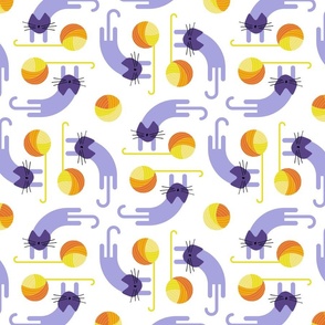 cats on vacation - playful cat with yarn ball - marigold and lilac - stylized cat wallpaper and fabric