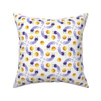 cats on vacation small - playful cat with yarn ball - marigold and lilac - stylized cat wallpaper and fabric