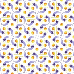 cats on vacation small - playful cat with yarn ball - marigold and lilac - stylized cat wallpaper and fabric