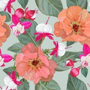 Fucisia and orange tropical flowers fabric design seamless pattern