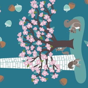 Washington DC in the Spring- Turquoise Tea Towel with Light Pink Cherry Blossoms and Squirrels 