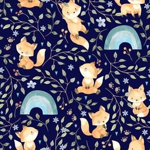 Freddie Fox + Rainbows (navy) Woodland Baby Fox and Leaves, 8" repeat