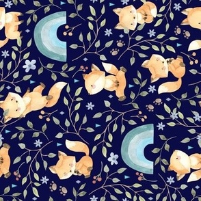 Freddie Fox + Rainbows (navy) Woodland Baby Fox and Leaves, 8" repeat ROTATED