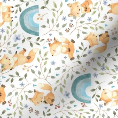 Freddie Fox + Rainbows - Woodland Baby Fox and Leaves, 8" repeat ROTATED