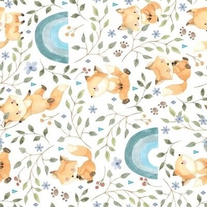 Freddie Fox + Rainbows - Woodland Baby Fox and Leaves, 8" repeat ROTATED