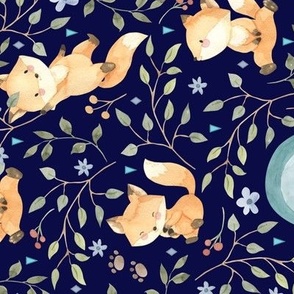Freddie Fox + Rainbows (navy) Woodland Baby Fox and Leaves, 12" repeat ROTATED
