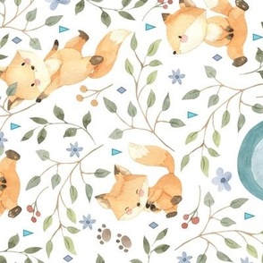 Freddie Fox + Rainbows - Woodland Baby Fox and Leaves, 12" repeat ROTATED