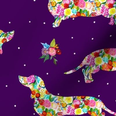 Floral Dachshunds (Large Scale) // Eggplant