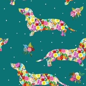 Floral Dachshunds (Large Scale) // Teal