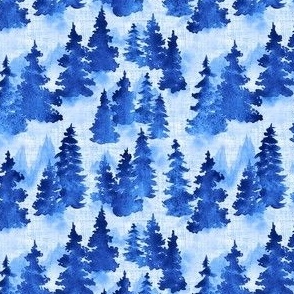  Watercolor Blue Evergreen Christmas Trees - Ditsy Scale - Woodland Woods Forest Misty Foggy Mountains Pine Fur