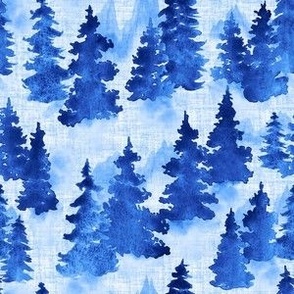 Watercolor Blue Evergreen Christmas Trees - Small Scale - Woodland Woods Forest Misty Foggy Mountains Pine Fur