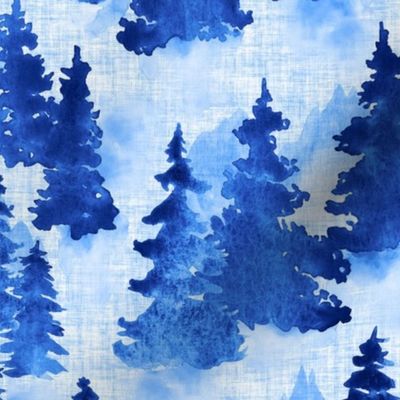 Watercolor Blue Evergreen Christmas Trees - Medium Scale - Woodland Woods Forest Misty Foggy Mountains Pine Fur