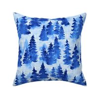Watercolor Blue Evergreen Christmas Trees - Medium Scale - Woodland Woods Forest Misty Foggy Mountains Pine Fur