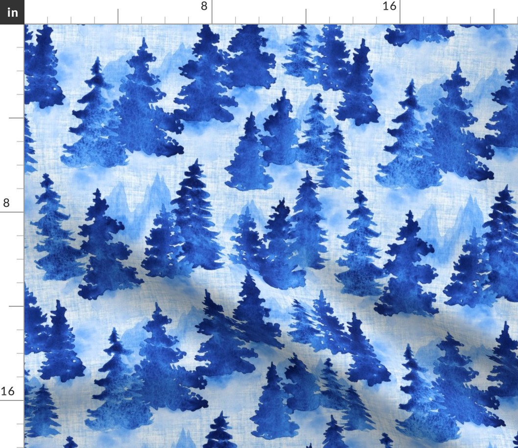 Watercolor Blue Evergreen Christmas Trees - Medium Scale - Woodland Woods Forest Misty Foggy Mountains Pine Fur