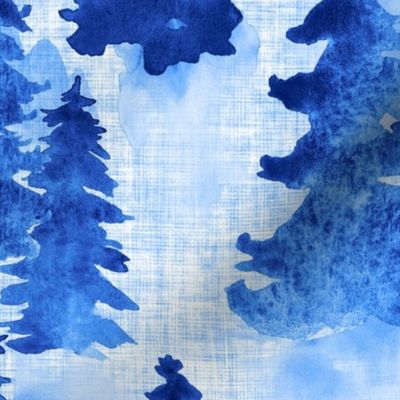  Watercolor Blue Evergreen Christmas Trees - Large Scale - Woodland Woods Forest Misty Foggy Mountains Pine Fur