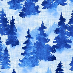  Watercolor Blue Evergreen Christmas Trees - Large Scale - Woodland Woods Forest Misty Foggy Mountains Pine Fur