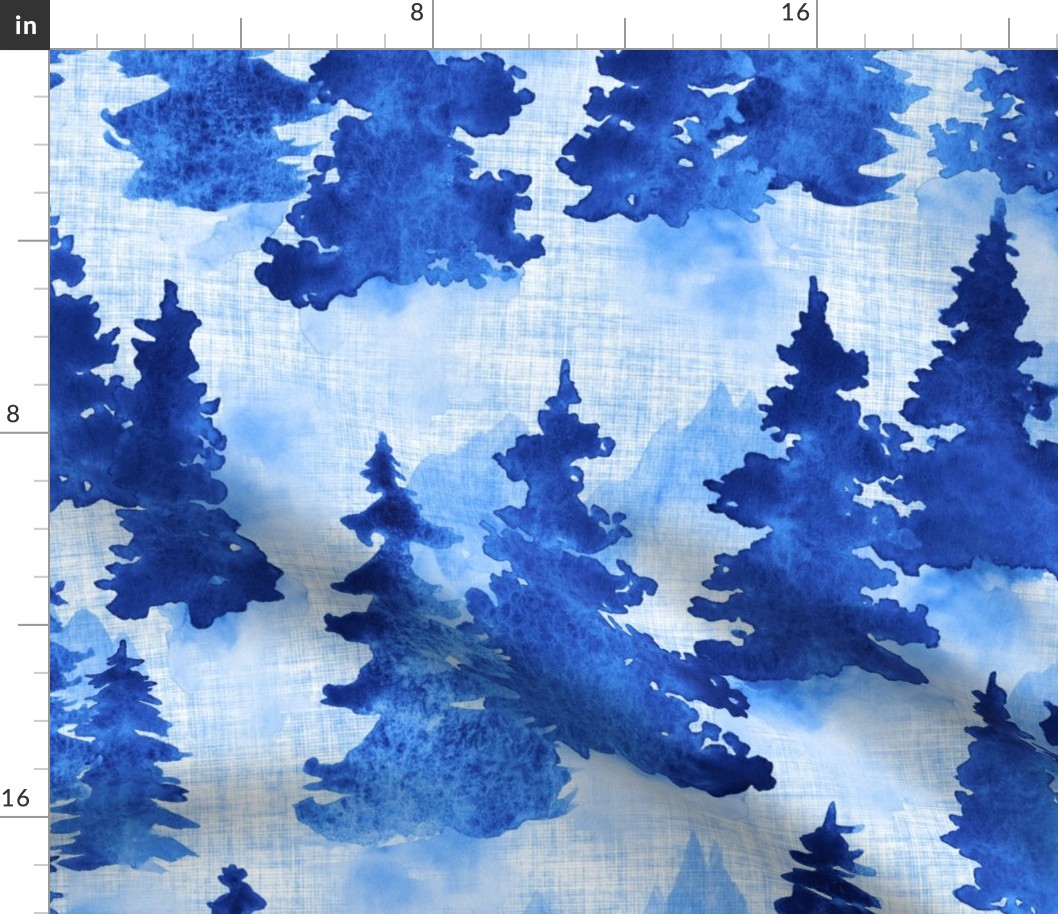  Watercolor Blue Evergreen Christmas Trees - Large Scale - Woodland Woods Forest Misty Foggy Mountains Pine Fur
