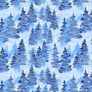 Watercolor Blue Evergreen Christmas Trees with Lights - Large Scale - Woodland Woods Forest Misty Foggy Mountains Pine Fur