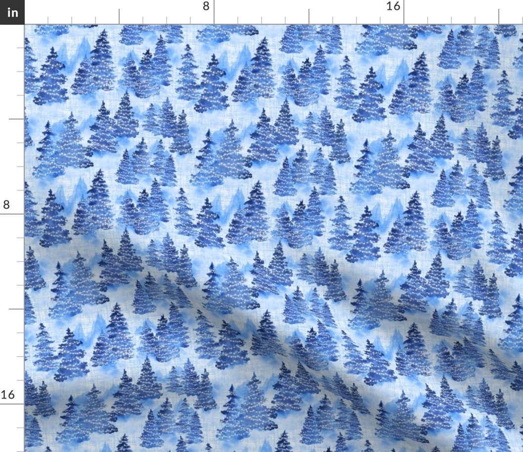 Watercolor Blue Evergreen Christmas Trees with Lights - Large Scale - Woodland Woods Forest Misty Foggy Mountains Pine Fur