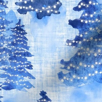 Watercolor Blue Evergreen Christmas Trees with Lights - Large Scale - Woodland Woods Forest Misty Foggy Mountains Pine Fur