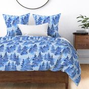 Watercolor Blue Evergreen Christmas Trees with Lights - Large Scale - Woodland Woods Forest Misty Foggy Mountains Pine Fur