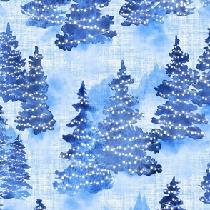 Watercolor Blue Evergreen Christmas Trees with Lights - Large Scale - Woodland Woods Forest Misty Foggy Mountains Pine Fur