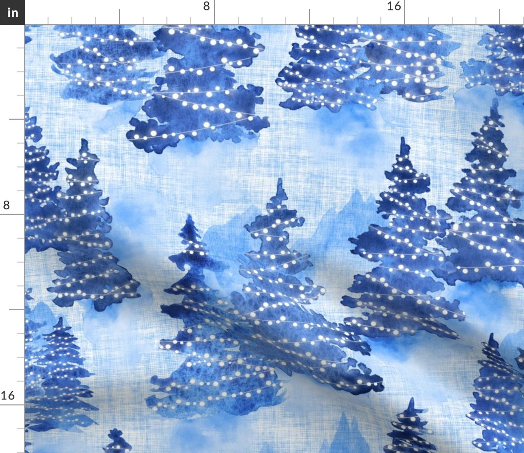 Watercolor Blue Evergreen Christmas Trees with Lights - Large Scale - Woodland Woods Forest Misty Foggy Mountains Pine Fur