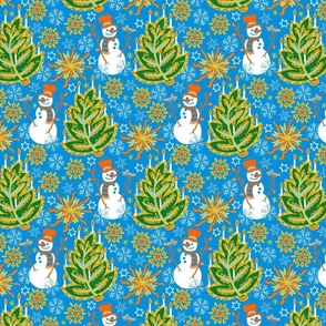 (S) Folk christmas tree with snowman - peacock blue - holidays/ kids home clothes.