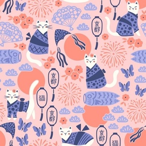 Cats in Kyoto | Medium Scale | Pink Purple Coral White Kimono Cat