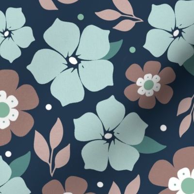Large Scale Aqua and Tan Fun Flowers on Navy